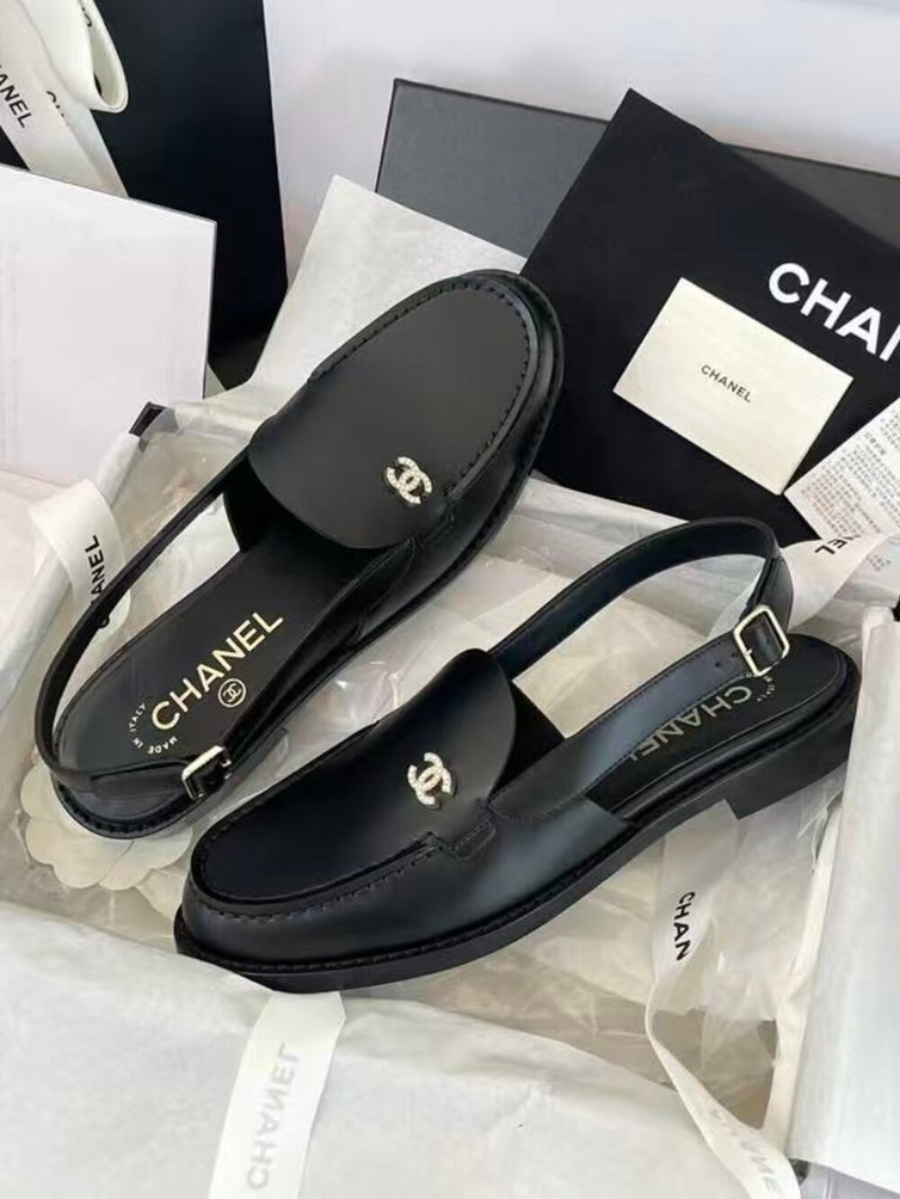 CHANEL Black Crystal CC Slingback Loafers